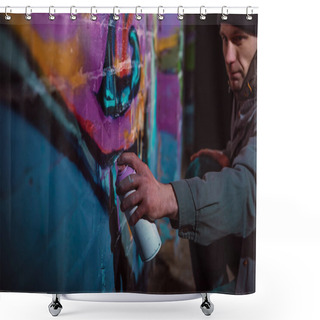 Personality  Man Painting Graffiti With Aerosol Paint On Wall At Night Shower Curtains