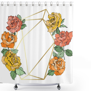 Personality  Vector. Rose Flowers And Golden Crystal Frame. Orange, Yellow And Coral Roses Engraved Ink Art. Geometric Crystal Polyhedron Shape On White Background. Shower Curtains