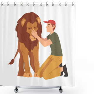 Personality  Male Zoo Worker Stroking Lion, Veterinarian Or Professional Zookeeper Character Caring Of Wild Animals In Zoo Cartoon Vector Illustration Shower Curtains