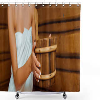 Personality  Panoramic Shot Of Woman Holding Wooden Washtub In Sauna  Shower Curtains