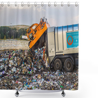 Personality  Kiev / Ukraine 15.September 2019 On Photo Garbage Truck On Garbage Landfill Number 5 Shower Curtains