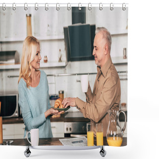 Personality  Cheerful Wife Holding Plate With Croissants Near Husband With Cup Of Drink Shower Curtains