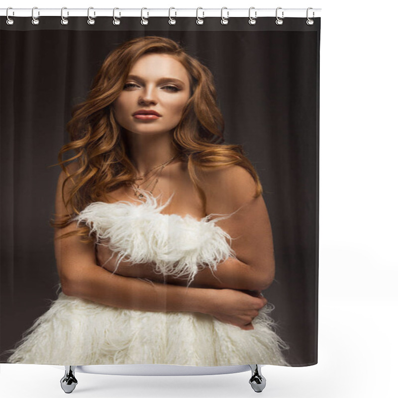 Personality  seductive woman covering body with furry jacket isolated on gray  shower curtains