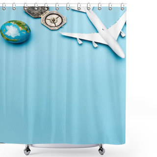 Personality  Top View Of White Plane Model, Compass, Globe On Blue Background Shower Curtains