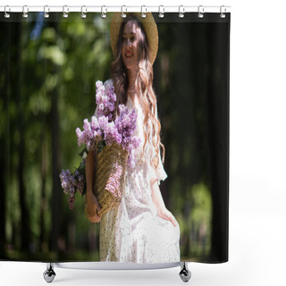 Personality  Beautiful Girl With Lilac Flowers In Her Hands. A Girl With Lilac Flowers In The Spring At Park Shower Curtains