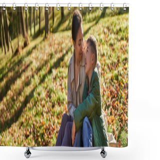 Personality  Motherly Love, Cheerful African American Woman And Son Sitting On Grass With Golden Leaves, Banner Shower Curtains