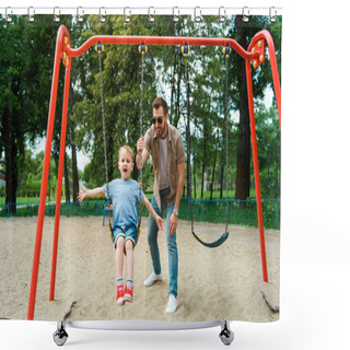 Personality  Father And Son Having Fun On Swing At Playground In Park Shower Curtains