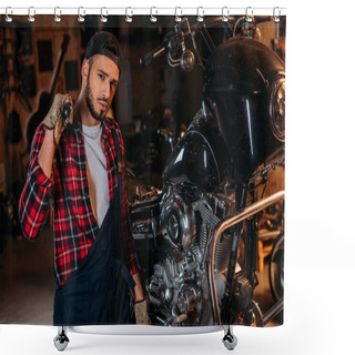 Personality  Handsome Bike Repair Station Worker With Wrench In Front Of Motorcycle Shower Curtains