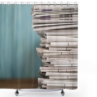 Personality  Close Up Newspapers Folded And Stacked Background On The Table With Green Background. Shower Curtains