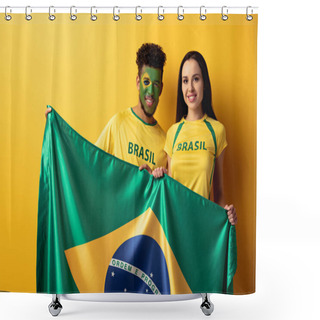 Personality  Male African American Football Fan With Painted Face And Happy Girl Holding Brazilian Flag On Yellow  Shower Curtains
