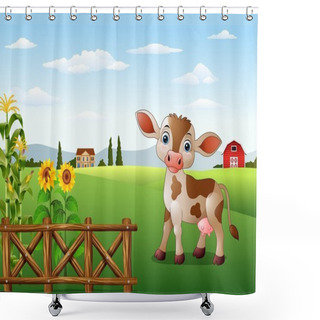 Personality  Cartoon Cow With Farm Landscape Shower Curtains