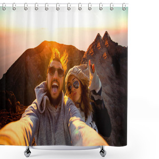Personality  Beautiful Traveling Couple On The Top Of The Mountain Shower Curtains