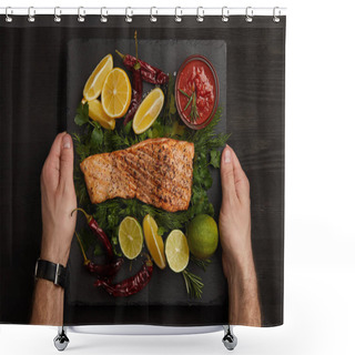 Personality  Partial View Of Male Hands, Grilled Salmon Steak, Sauce And Arranged Citrus Fruits On Black Surface Shower Curtains