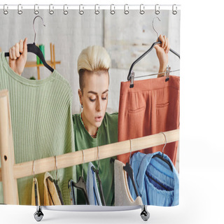 Personality  Thoughtful Woman With Trendy Hairstyle Holding Hangers With Pants And Jumper Near Rack With Casual Clothes, Home Decluttering, Sustainable Fashion And Mindful Consumerism Concept Shower Curtains