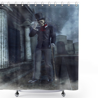 Personality  Night Scene With A Spooky Zombie Gentleman In A Victorian Outfit At A Cemetery. 3D Render. Shower Curtains