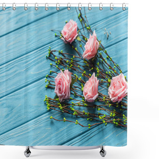 Personality  Wooden Blue Background With Blossoming Branches And Roses Shower Curtains