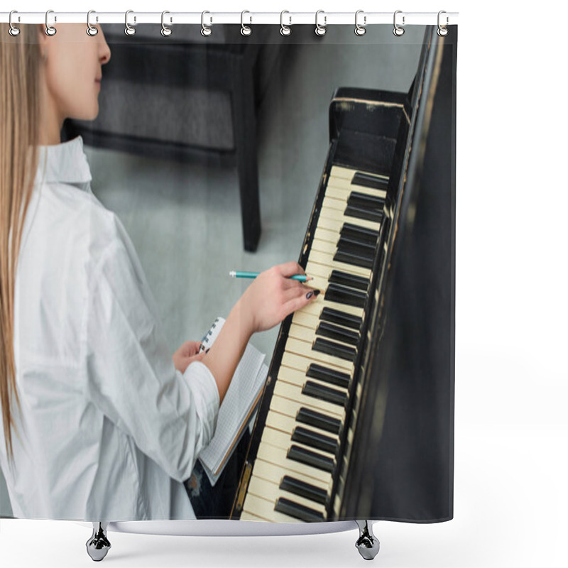 Personality  Partial View Of Girl With Notebook Playing Piano And Composing Music At Home Shower Curtains