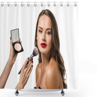 Personality  Cropped View Of Woman Applying Powder With Cosmetic Brush On Face Of Beautiful Model Looking At Camera Isolated On White Shower Curtains