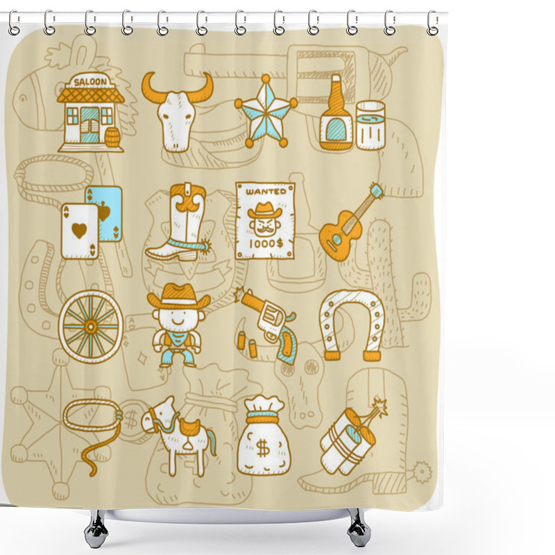 Personality  Hand Drawn Wild West ,cowboys Icon Set Shower Curtains