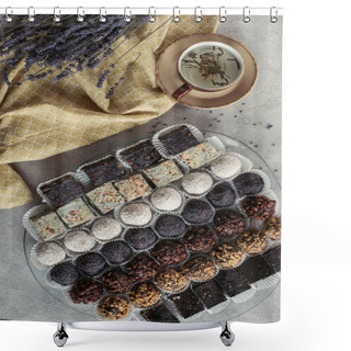 Personality  Flat Lay With Cup Of Herbal Tea, Sweet Desserts And Lavender On Tablecloth On Grey Tabletop Shower Curtains