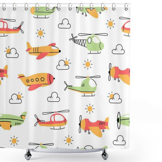 Personality  Airplane And Helicopter Doodle Cartoon Kids Seamless Pattern Shower Curtains