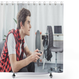 Personality  Teen Boy Playing Video Game With Gamepad At Home Shower Curtains
