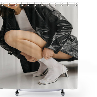 Personality  Cropped View Of Young Woman In Black Coat And White High Heels Sitting In Squat Pose On Grey Background Shower Curtains