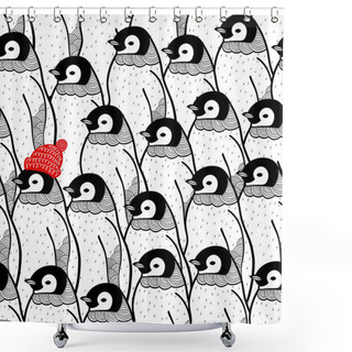 Personality  Endless Background With Winter Birds On The Ice. Doodle Penguins Seamless Pattern. Shower Curtains