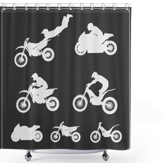 Personality  Set Of Motor Sport Silhouettes, Labels And Emblems. Motocross Jumping Riders, Moto Trial, Moto Freestyle And Motor Racing. Shower Curtains