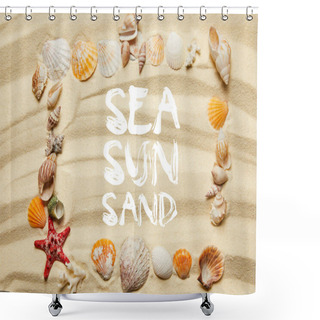 Personality  Top View Of Frame With Sea, Sun And Sand Illustration, Seashells, Starfish And Corals On Sandy Beach Shower Curtains