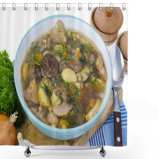 Personality  Delicious Seasonal Wild Mushroom Soup. Studio Photo Shower Curtains