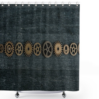 Personality  Flat Lay With Vintage Metal Gears On Dark Wooden Background Shower Curtains