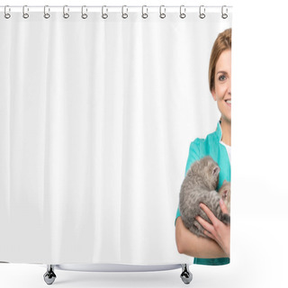 Personality  Cropped Shot Of Veterinarian Holding Kittens And Smiling At Camera Isolated On White Shower Curtains