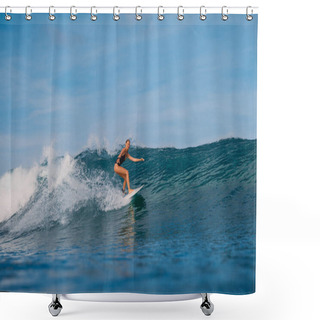 Personality  Surf Girl At Surfboard Ride On Barrel Wave. Woman At Ocean Wave Shower Curtains