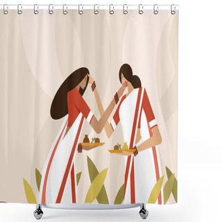 Personality  Illustration Of Women Applying Vermilion On Each Others Face As Part Of The Vijayadashami Festival Shower Curtains