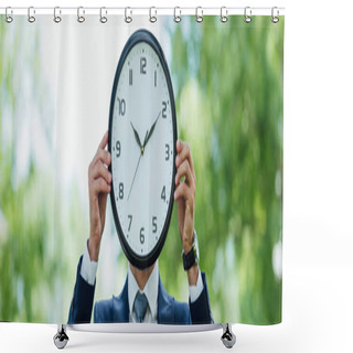 Personality  Panoramic Shot Of Businessman Covering Face With Clock While Standing In Park Shower Curtains