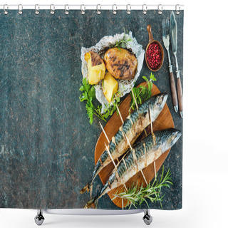 Personality  Grilled Mackerel Fish With Baked Potatoes Shower Curtains