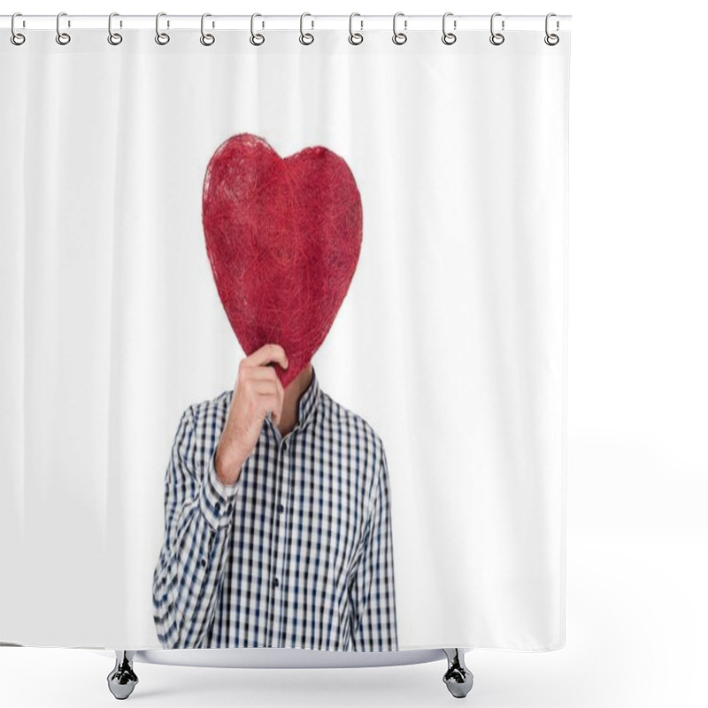 Personality  man covering face with heart of threads isolated on white, valentines day concept shower curtains