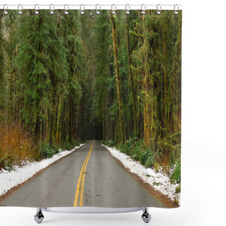 Personality  AERIAL: Flying Along Empty Asphalt Road Leading Through The Lush Hoh Rainforest. Shower Curtains