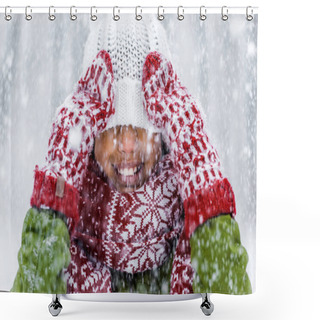 Personality  Close Up View Of Smiling African American Child With Knitted Hat Pulled Over Eyes During Snowfall Shower Curtains