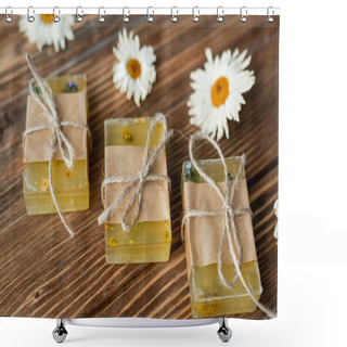 Personality  Close Up View Of Handmade Soap Bards Near Blurred Dry Chamomile Flowers On Wooden Surface  Shower Curtains