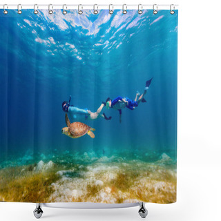 Personality  Underwater Photo Of Family Mother And Son Snorkeling And Swimming With Hawksbill Sea Turtle Shower Curtains