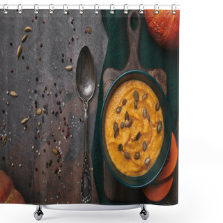 Personality  Top View Of Tasty Healthy Pumpkin Soup In Bowl And Spoon On Dark Surface Shower Curtains