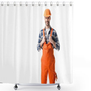Personality  Smiling Repairman In Orange Overall And Hard Hat Isolated On White Shower Curtains