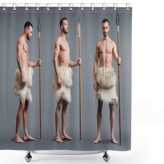 Personality  Collage Of Muscular Caveman With Spear On Grey, Evolution Concept  Shower Curtains
