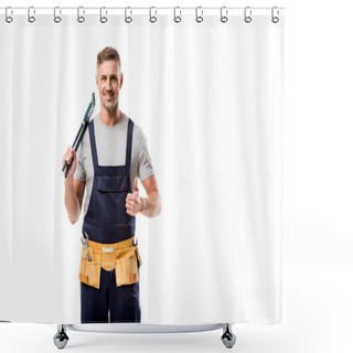 Personality  Smiling Plumber Holding Pipe Wrench And Showing Thumb Up Sign Isolated On White Shower Curtains
