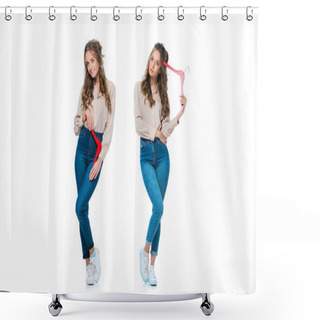 Personality  Attractive Happy And Bored Twins With Hangers Isolated On White, Shopping Concept Shower Curtains