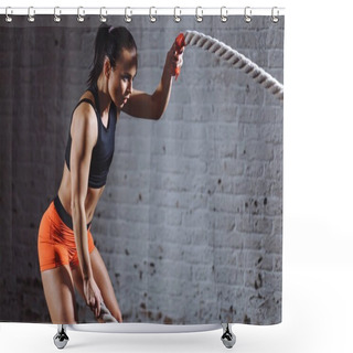 Personality  Woman Training With Battle Rope In Cross Fit Gym Shower Curtains