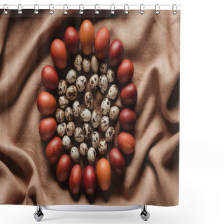 Personality  Food Composition Of Easter Quail Eggs In Circle Of Chicken Eggs On Linen Tablecloth Shower Curtains