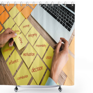 Personality  Cropped View Of Woman Touching Sticky Note With Ethic Lettering Near Laptop On Desk  Shower Curtains